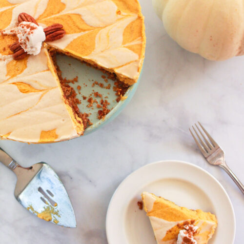 This no bake vegan pumpkin cheesecake is a decadent raw and gluten free dessert, perfect for the busy holidays as it just sets in the freezer!