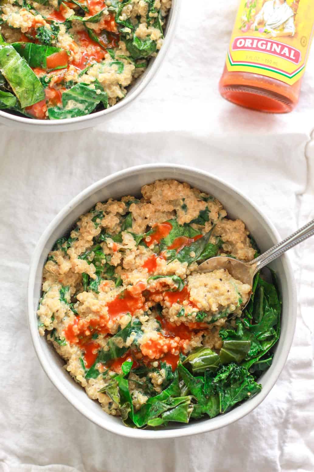 This savory, creamy quinoa and greens is a versatile side dish, but also filling enough to be a main. Coconut milk adds creaminess to this flavorful savory quinoa dish. This creamy coconut quinoa and greens is packed with umami flavor and protein!