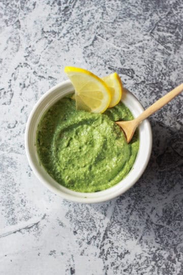 This oil-free avocado pesto is a healthy, vegan alternative to traditional pesto. This avocado basil pesto is perfect on top of pasta, toast, and more.