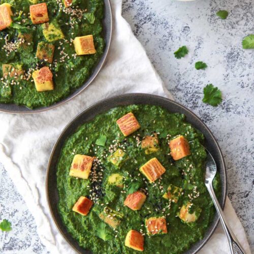 This vegan palak paneer replaces the paneer with a recipe for Burmese chickpea tofu, replicating the texture and flavor of a soft cheese. This vegan saag paneer, a spinach curry, is made creamy with coconut milk, making a rich and flavor Indian-inspired comfort dish.