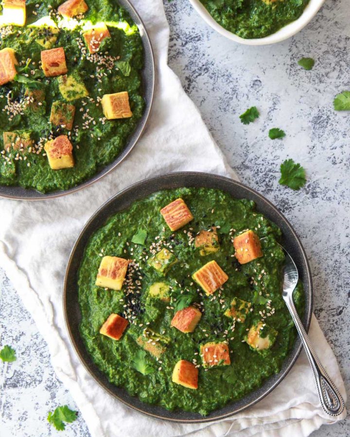 This vegan palak paneer replaces the paneer with a recipe for Burmese chickpea tofu, replicating the texture and flavor of a soft cheese. This vegan saag paneer, a spinach curry, is made creamy with coconut milk, making a rich and flavor Indian-inspired comfort dish.