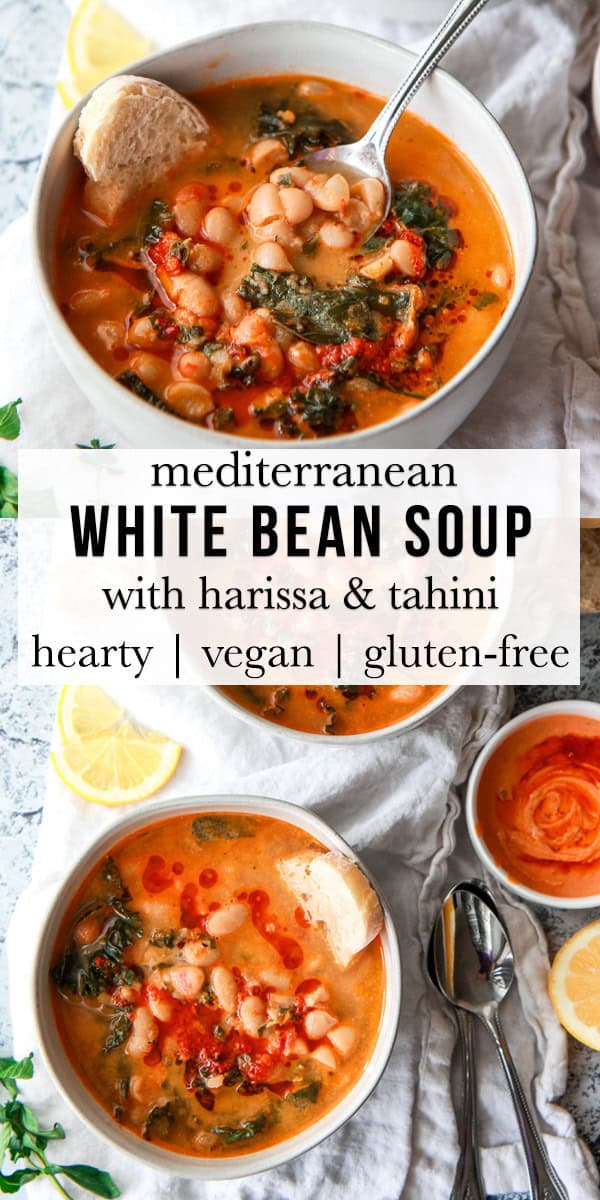 This Mediterranean white bean soup is flavored with Harissa and tahini. Filled with kale, parsley, and thyme, this vegan white bean soup is hearty, flavorful, and creamy.