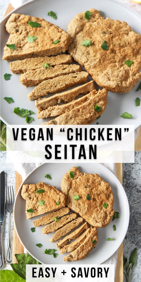 These seitan chicken cutlets are easy and versatile. A vegan meat replacement, this plant based chicken style seitan is simmered and done in under an hour. recipe is made from vital wheat gluten, packed with protein, and flavored with savory herbs.