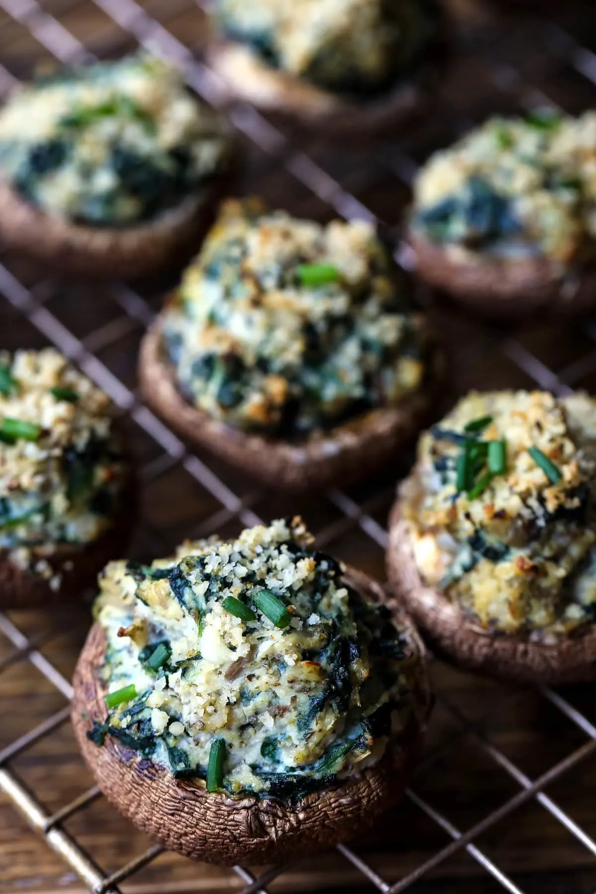 These stuffed mushrooms are filled with vegan ricotta and spinach.