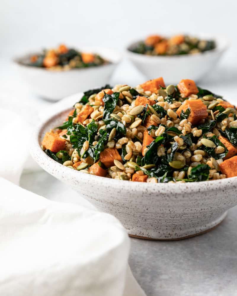 this farro sweet potato salad is a delicious vegan holiday side dish.