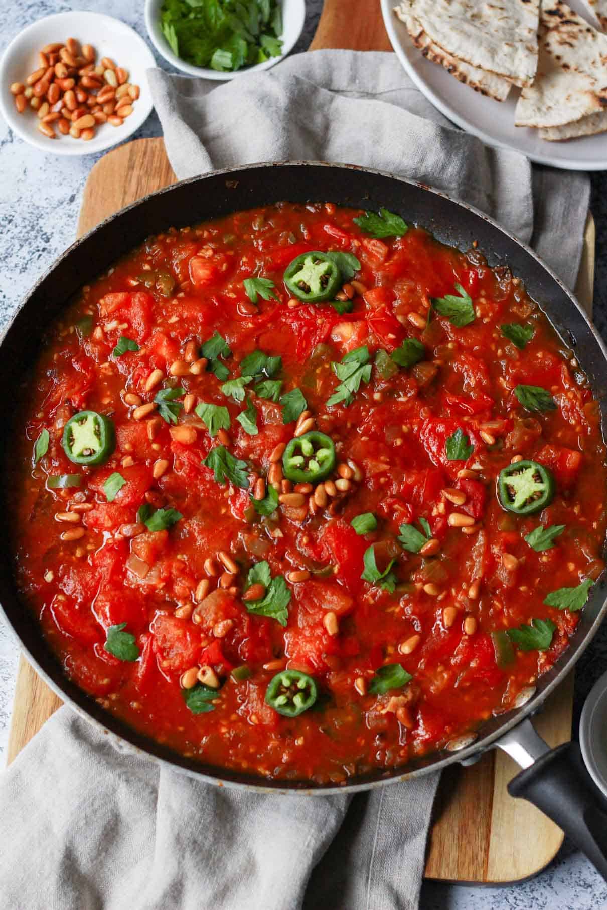 This is a close-up shot of the galayet bandora, Palestinian pan fried tomatoes.