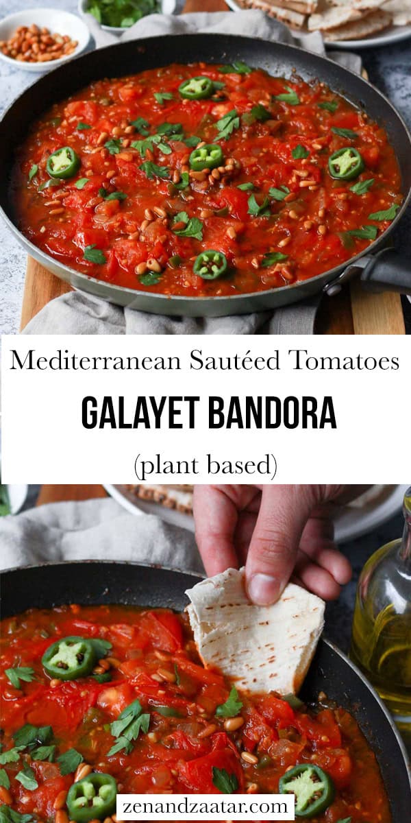 This image features galayet bandora on the top and dipping into the pan fried tomatoes on the bottom. It says Mediterranean Sautéed tomatoes (Galayet Bandora): plant based.