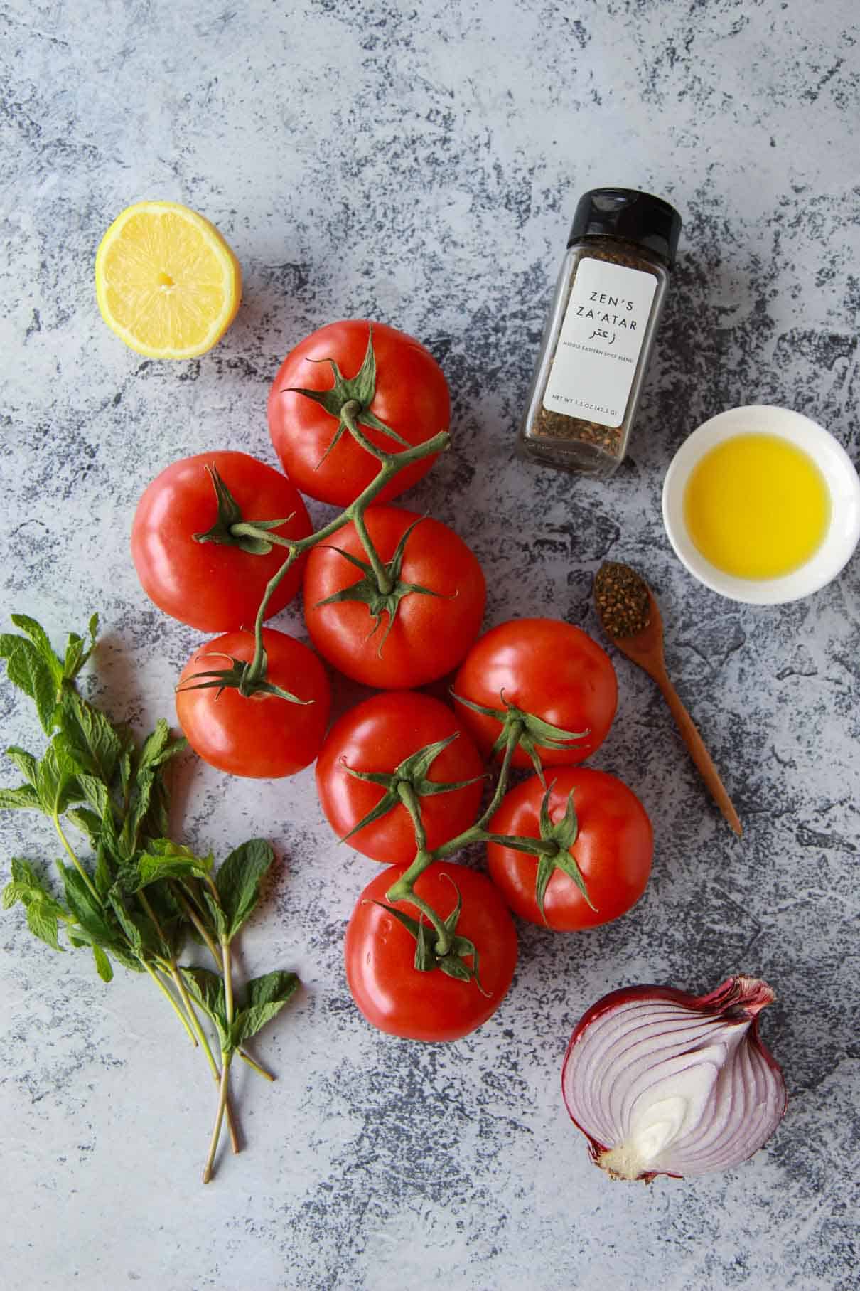 Tomato and red onion salad ingredients