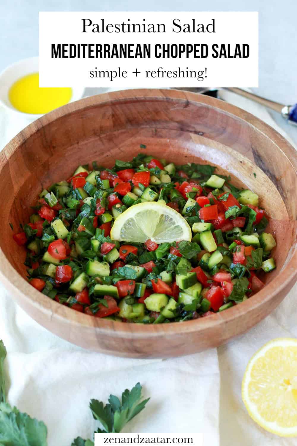 This shows the salad with text overlay: Palestinian Salad - Mediterranean Chopped Salad - simple + refreshing!