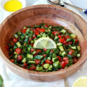 This is the featured Palestinian salad photo, showing all the components of the salad.