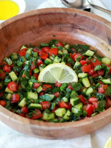 This is the featured Palestinian salad photo, showing all the components of the salad.