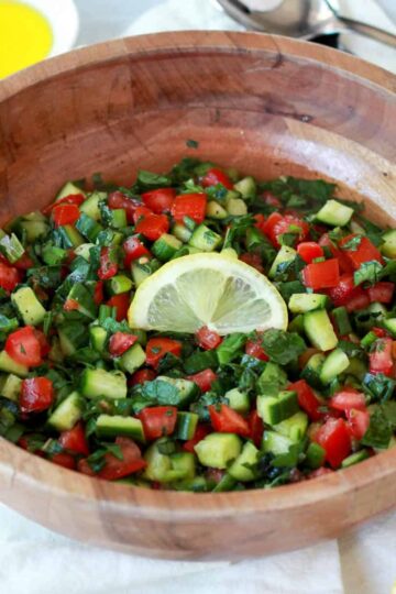 This is the featured Palestinian salad photo, showing all the components of the salad.