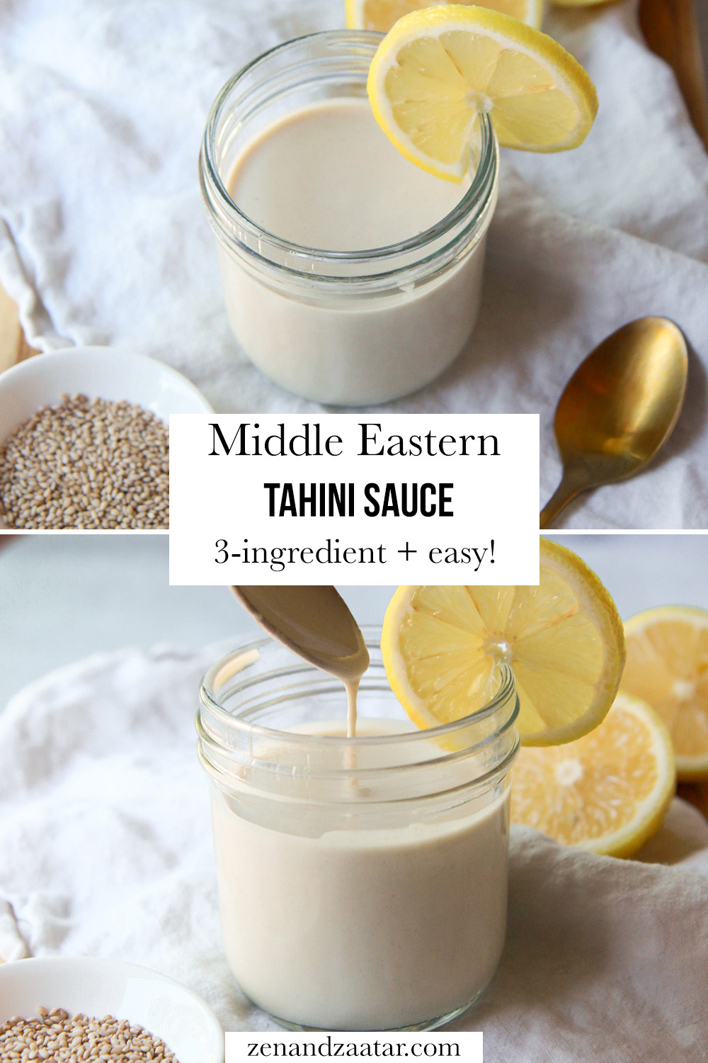 2 images showing the consistency of the tahini sauce and the sauce stored in a jar, with the text, "Middle Eastern Tahini Sauce: 3-ingredient + easy!"