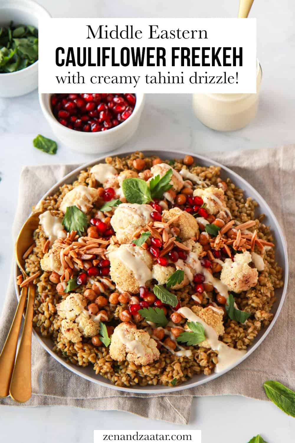 This image shows final plated freekeh dish, with text, "Middle Eastern Cauliflower Freekeh with creamy tahini drizzle!"