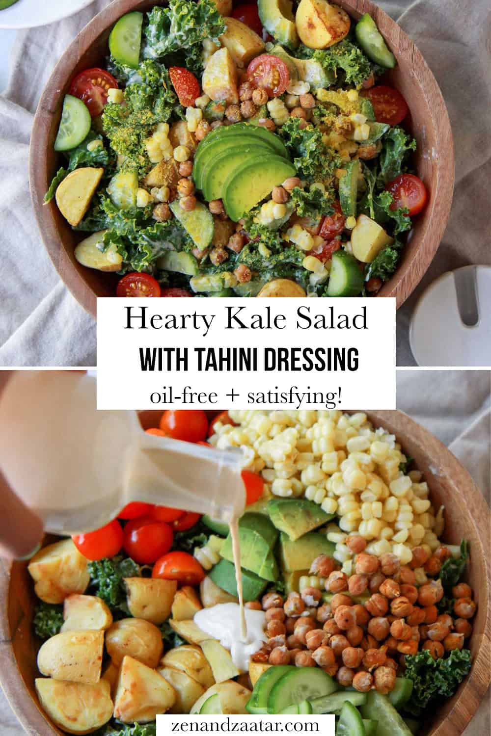 An image of the mixed kale salad as well as the tahini dressing being poured on the kale salad, with text, "Hearty Kale Salad with Tahini Dressing: Oil-free + satisfying!".