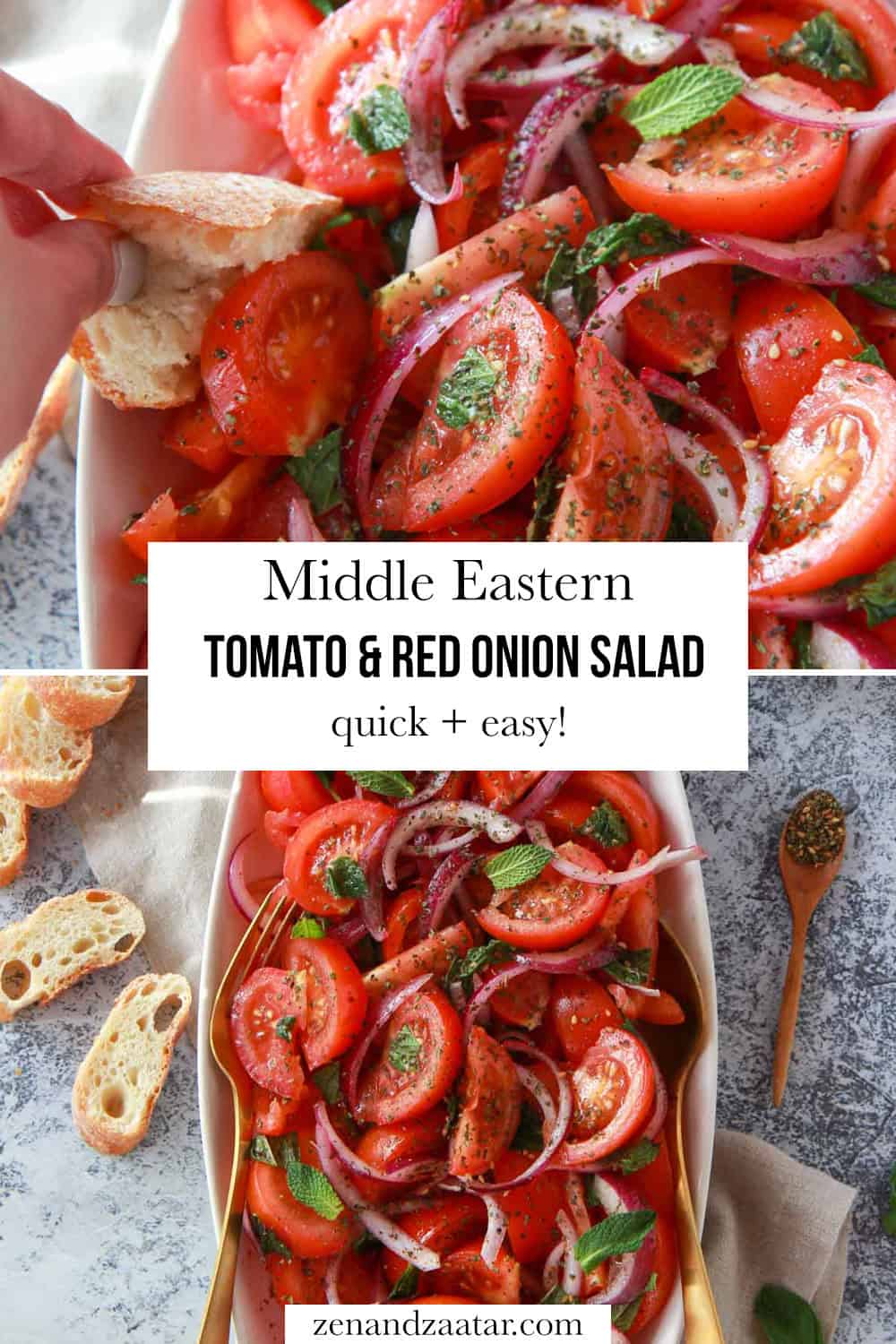 The finished tomato and red onion salad scooped with bread with text overlay, "middle eastern tomato & red onion salad - quick & easy."