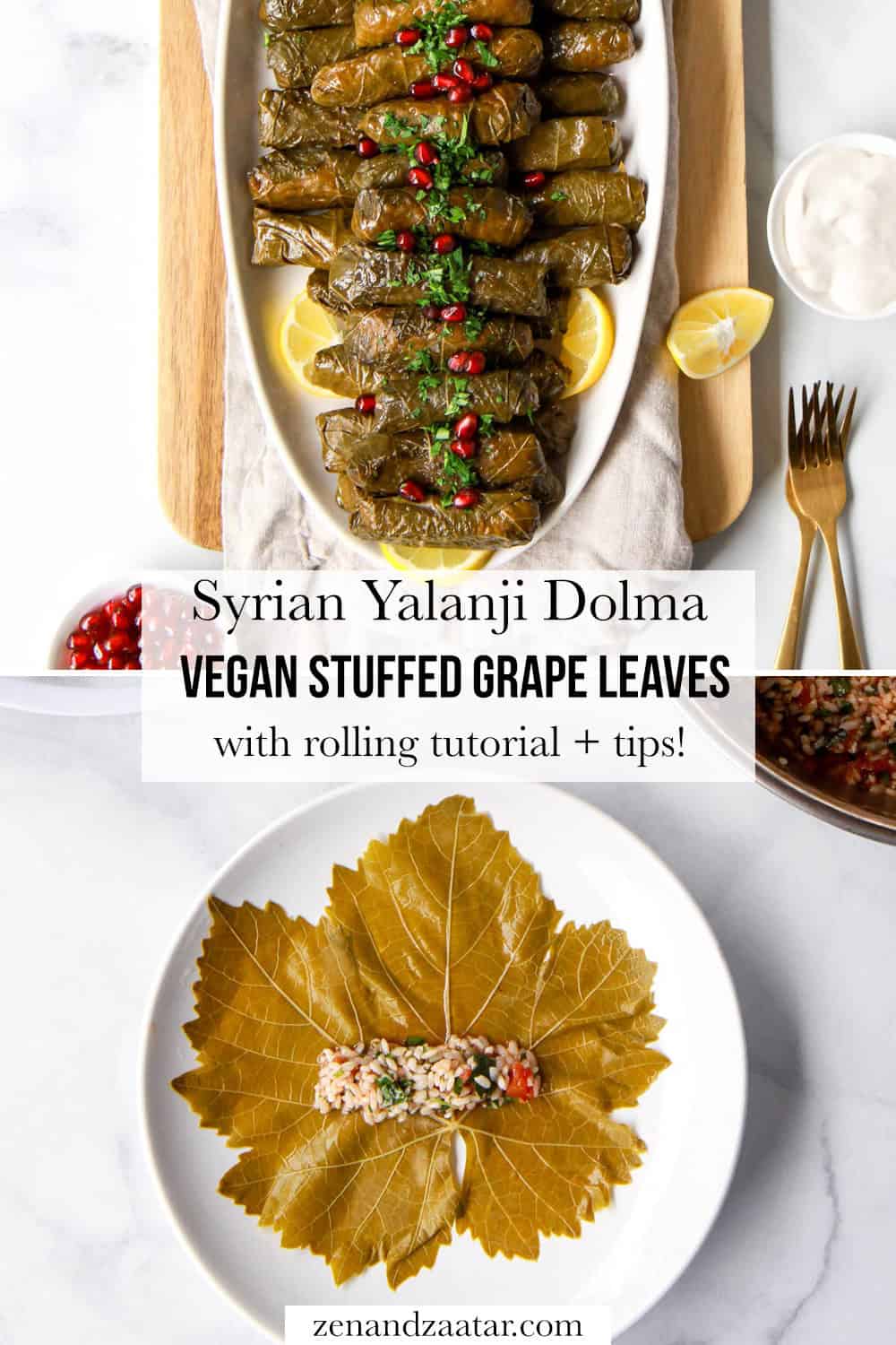 Yalanji recipe showing the finished dolma and how to roll the dolma, with text overlay, "Syrian Yalanji Dolma - Vegan Stuffed Grape Leaves with rolling tutorial + tips."