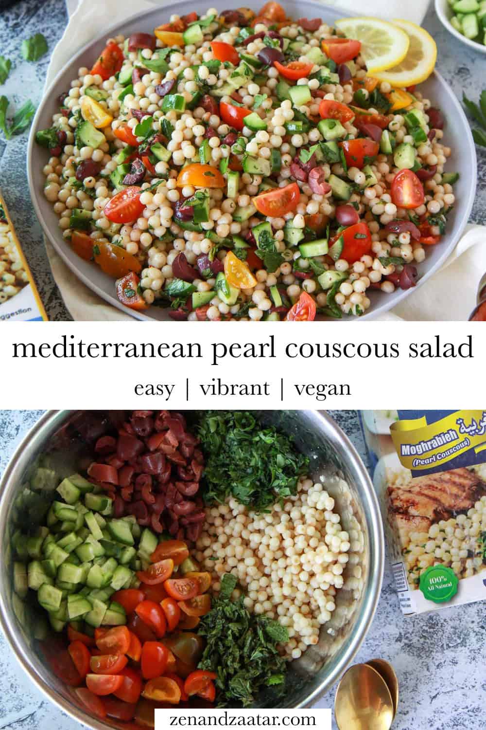 An image of the couscous salad and its ingredients with text overlay, "Mediterranean pearl couscous salad easy | vibrant | vegan."