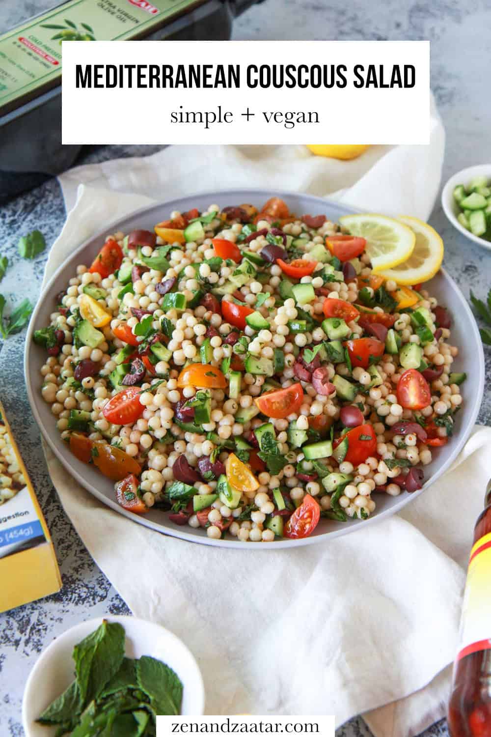 An image of the couscous salad with text overlay, "Mediterranean couscous salad simple + vegan."