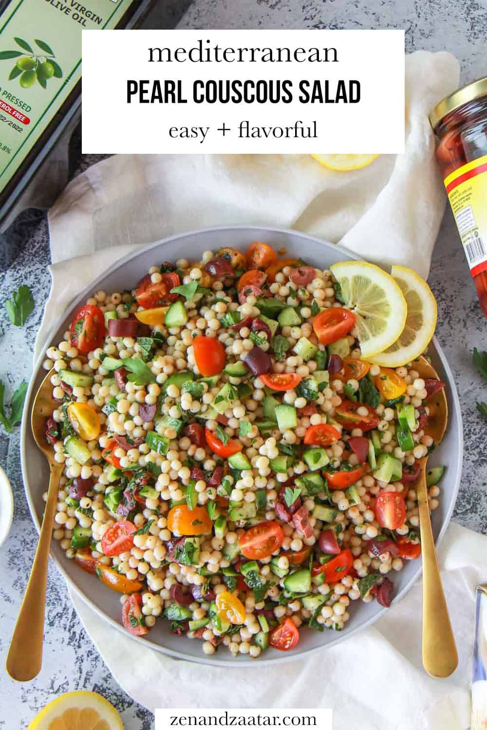 An image of the couscous salad with text overlay, "Mediterranean pearl couscous salad easy + flavorful."