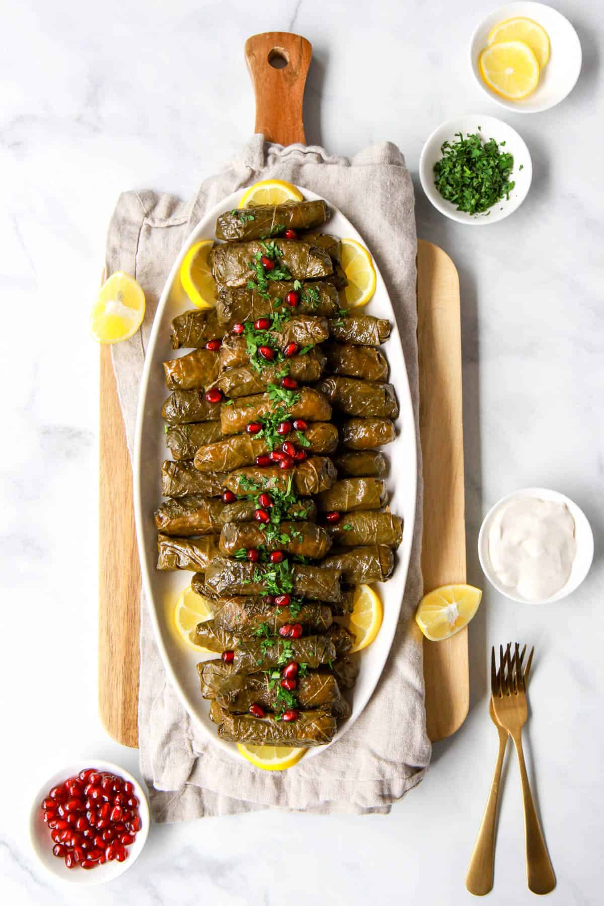 Plated, cooked Syrian yalanji dolma topped with pomegranate seeds and parsley and served with yogurt.