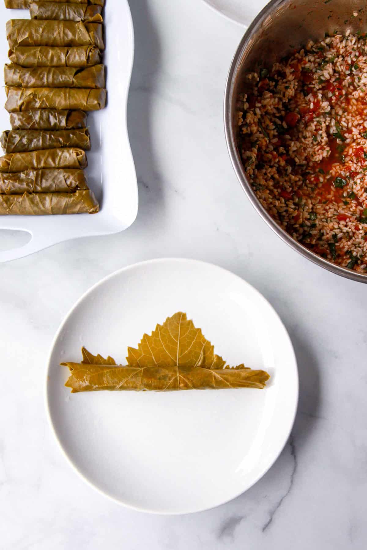 How to fill the grape leave with the vegetarian dolma filling and tuck the leaf over.