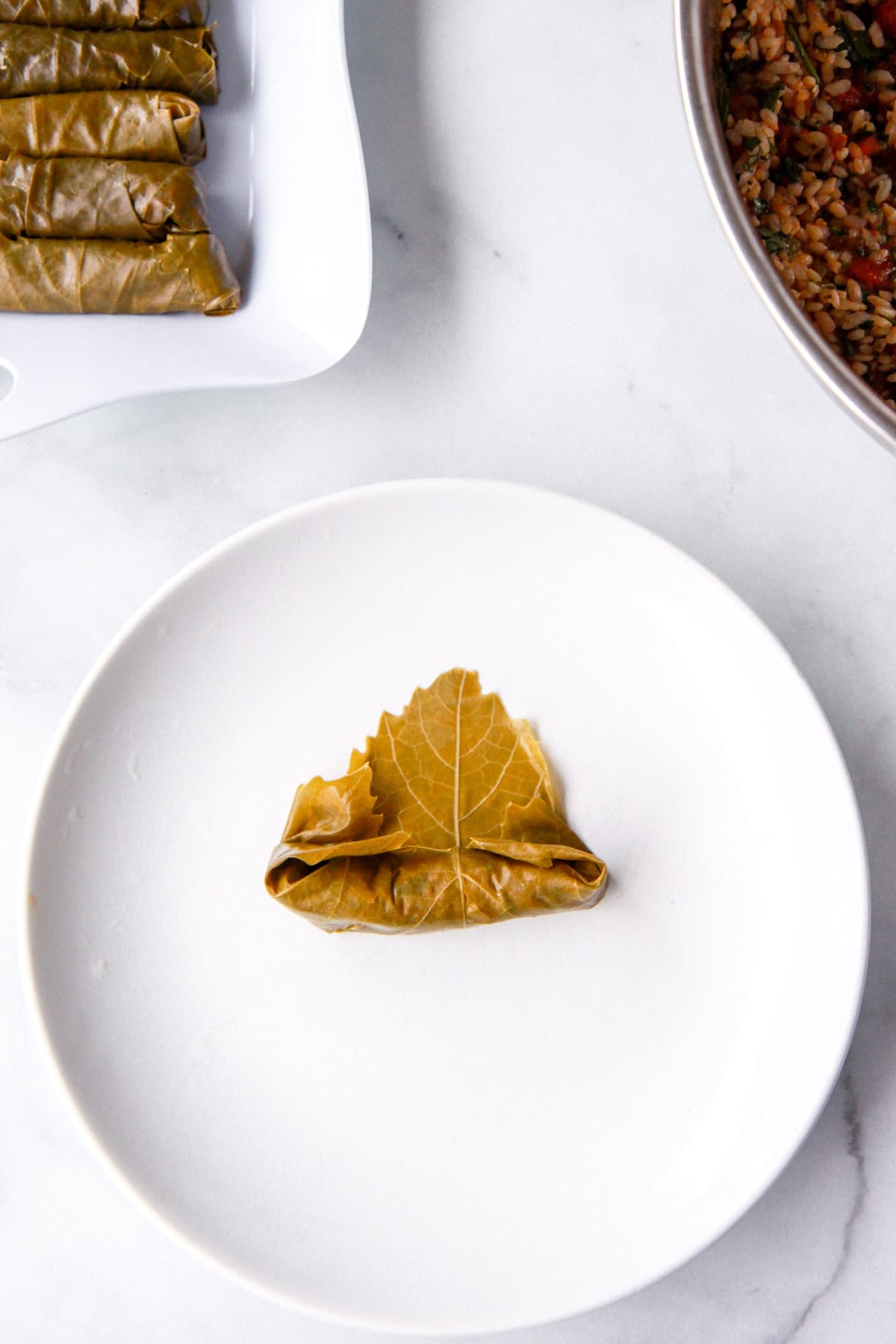 How to fill the grape leave with the vegetarian dolma filling and tuck in the sides of the leaf over the filling.