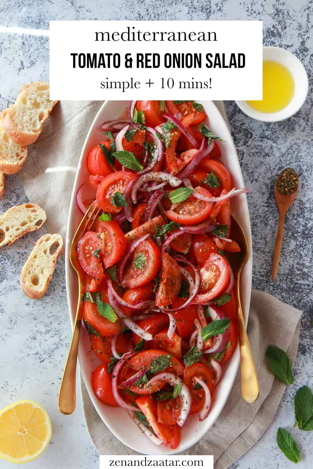 The finished tomato and red onion salad topped with za'atar with text overlay, "mediterranean tomato & red onion salad - simple + 10 mins."