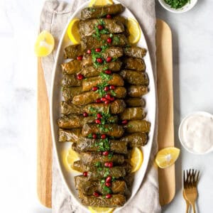 Plated, finished Syrian yalanji dolma topped with pomegranate seeds and parsley.