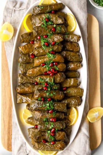 Plated, finished Syrian yalanji dolma topped with pomegranate seeds and parsley.