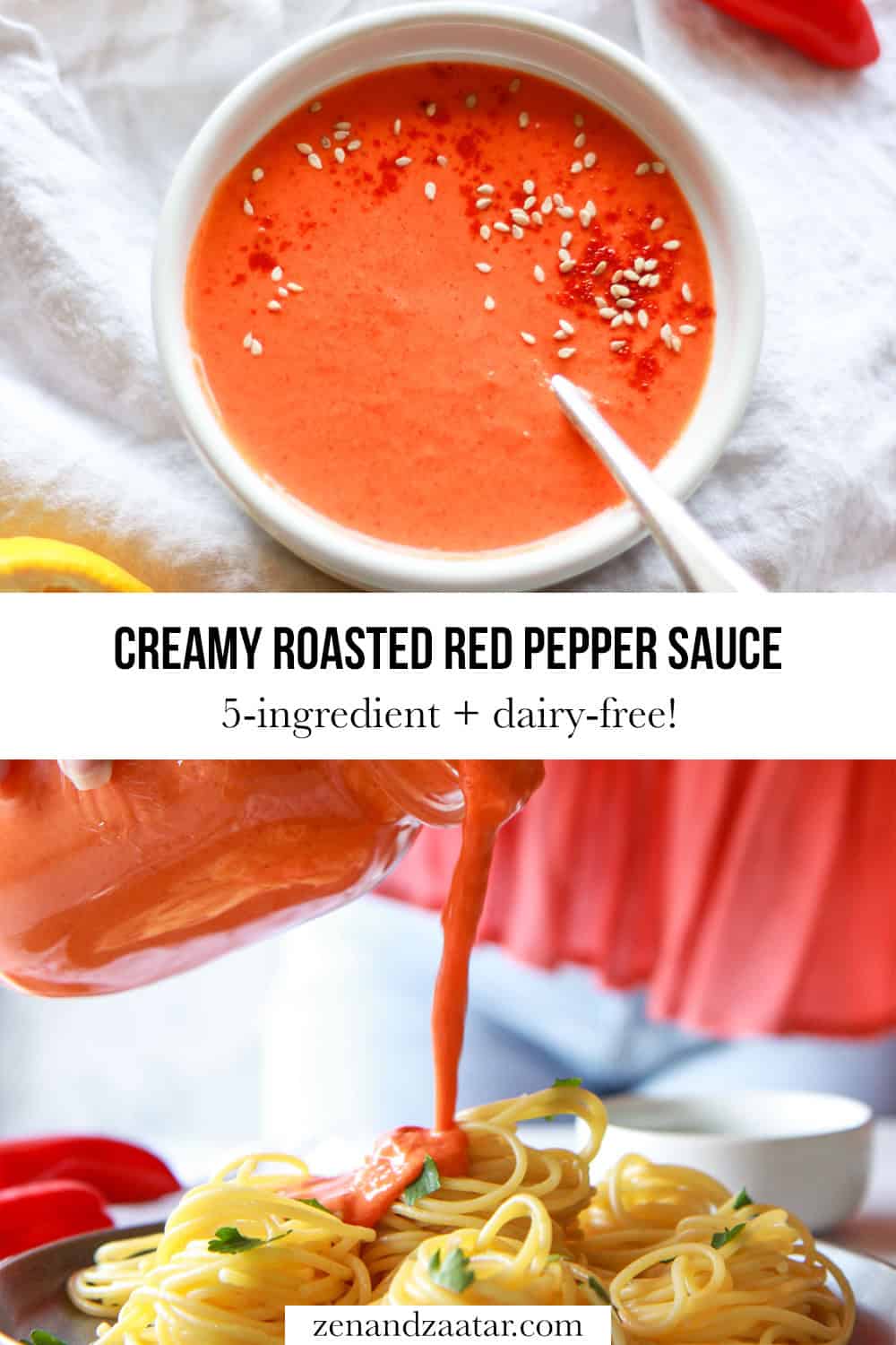 Images of the red pepper sauce in a container and being poured, with text overlay, "creamy roasted red pepper sauce: 5-ingredient + dairy-free!".