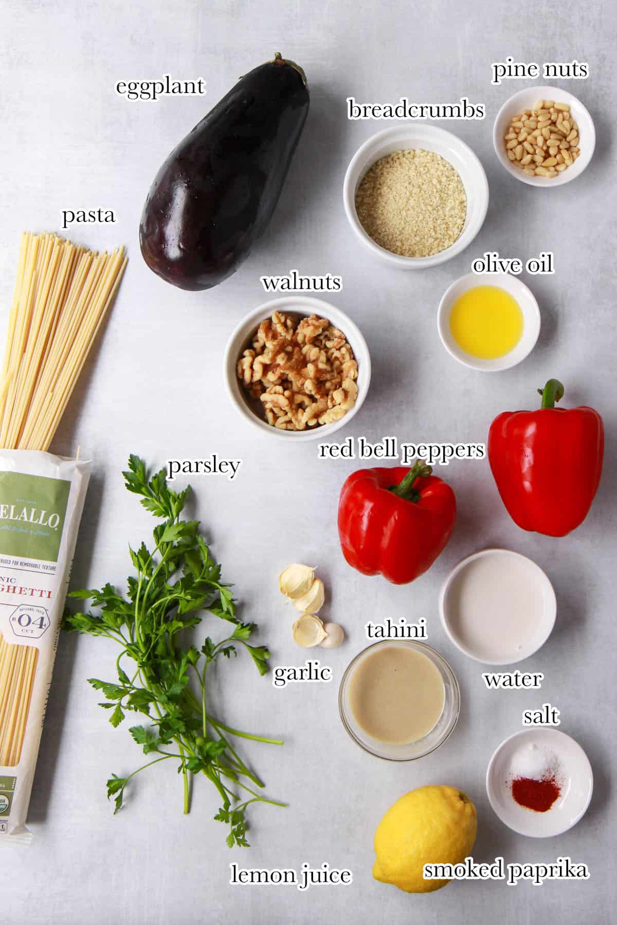 This image shows all of the eggplant meatball ingredients.