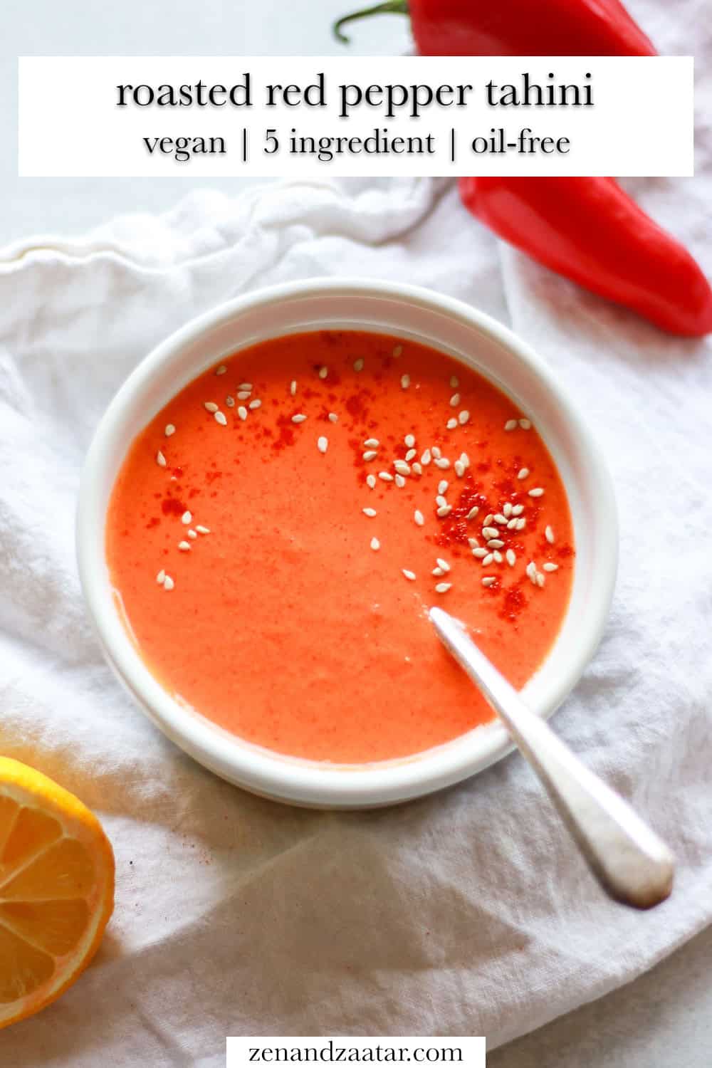 Image of the roasted red pepper sauce with text overlay, "roasted red pepper tahini - vegan | 5-ingredient | oil-free."