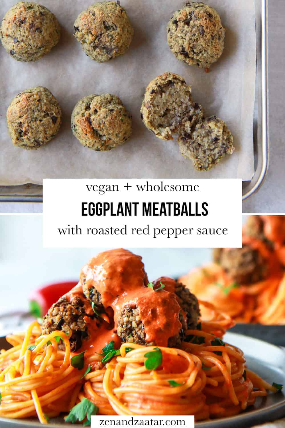 Image showing texture of baked eggplant balls with text overlay "vegan + wholesome - eggplant meatballs with roasted red pepper sauce."