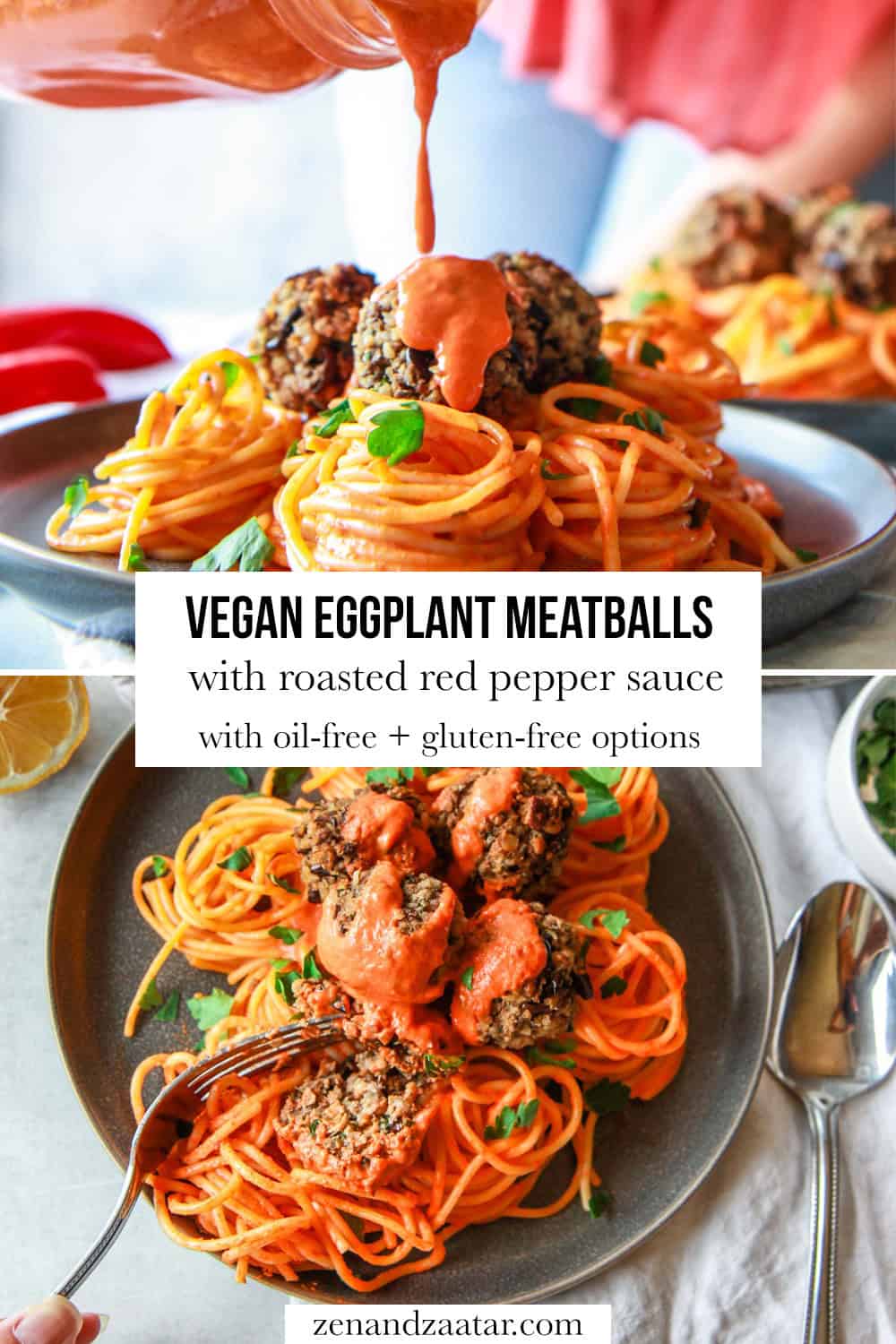 Image showing texture of eggplant balls with text overlay, "vegan eggplant meatballs with roasted red pepper sauce with oil-free + gluten-free options."