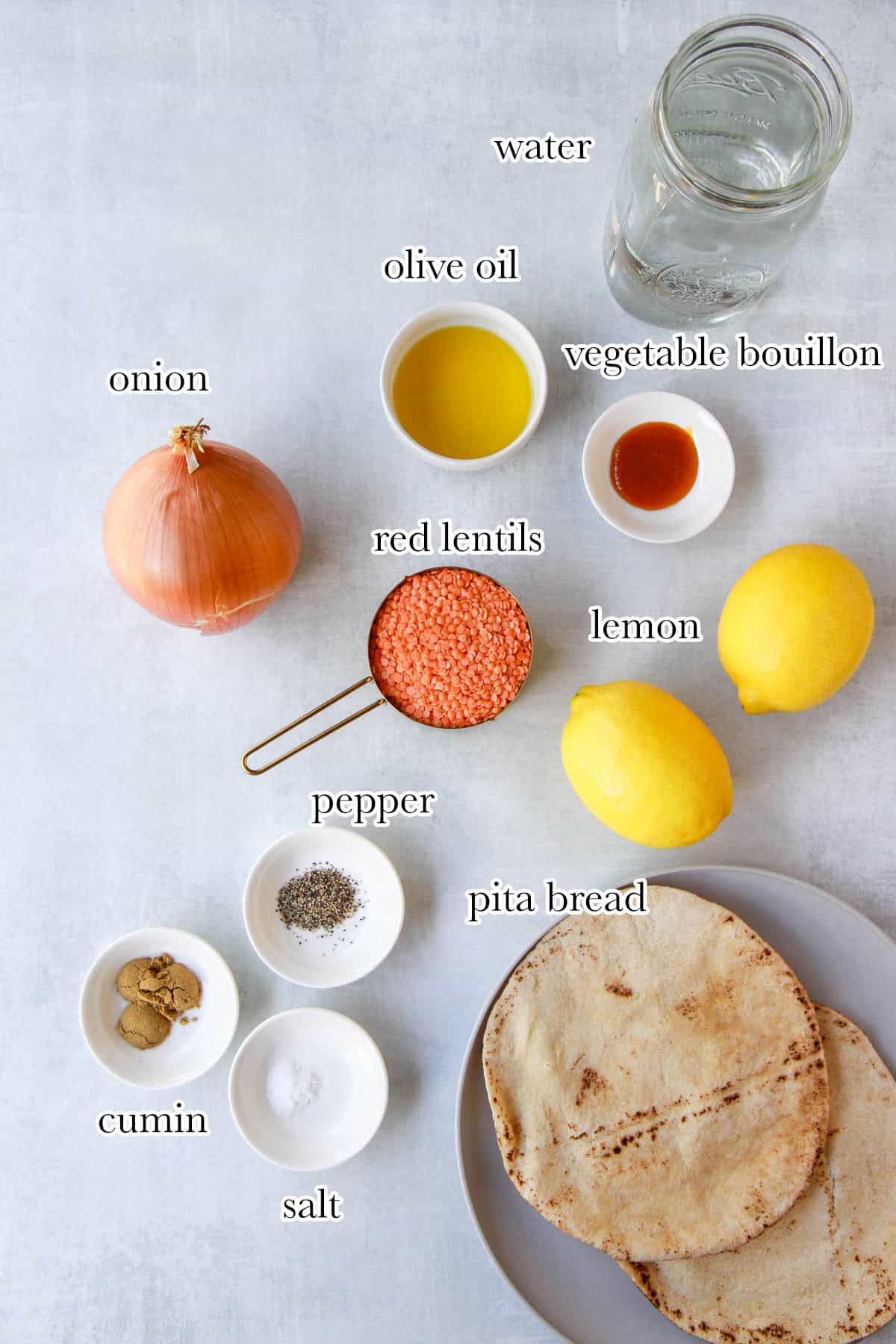 The ingredients needed for Arabic lentil soup.