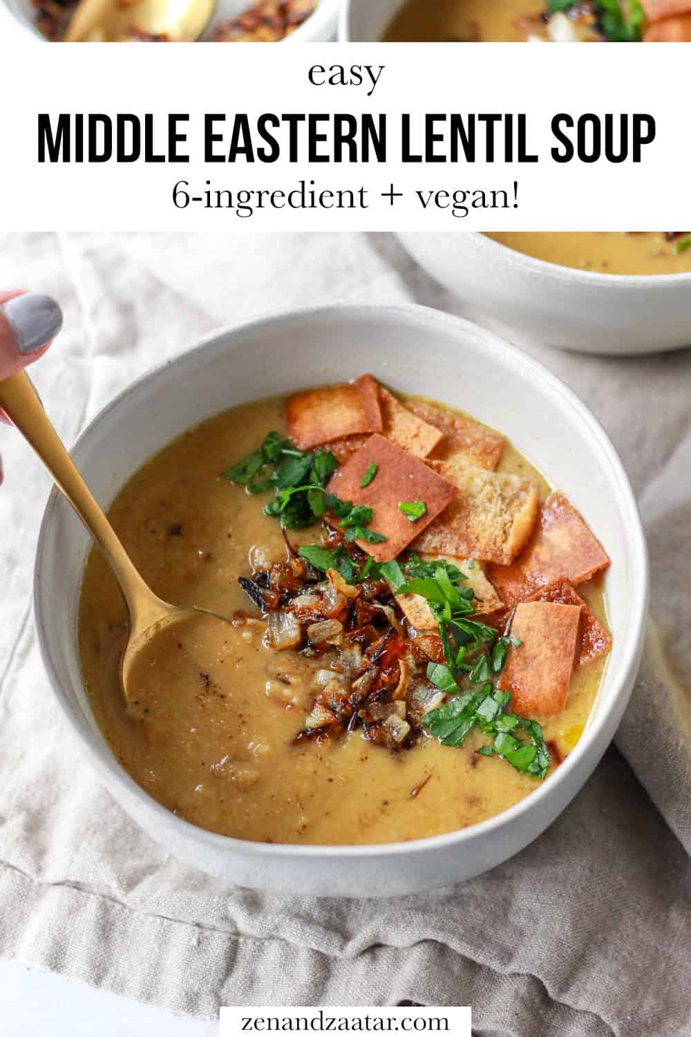 An image of a spoon dipping into the lentil soup with text overlay, "easy Middle Eastern lentil soup: 6-ingredient + vegan!".
