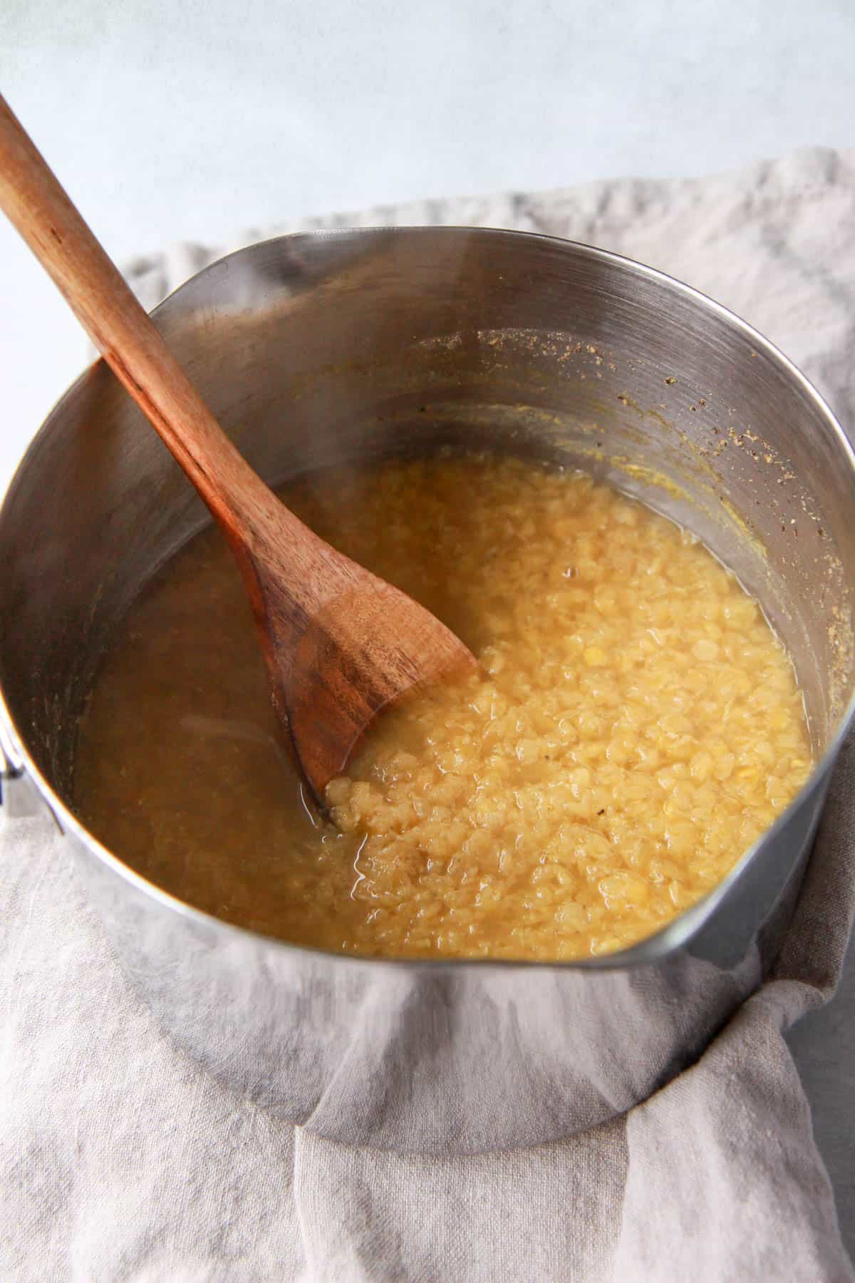 How the red lentils look once fully cooked in the soup.