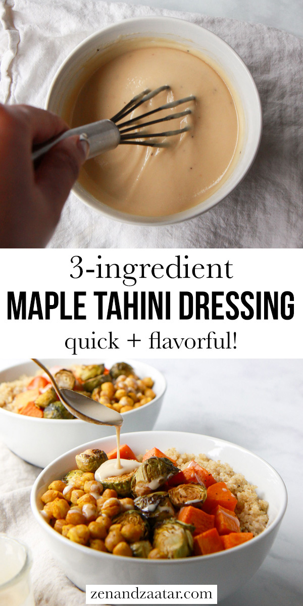 Maple tahini dressing being whisked and poured over a grain bowl, with text overlay, "3-ingredient maple tahini dressing - quick + flavorful!".