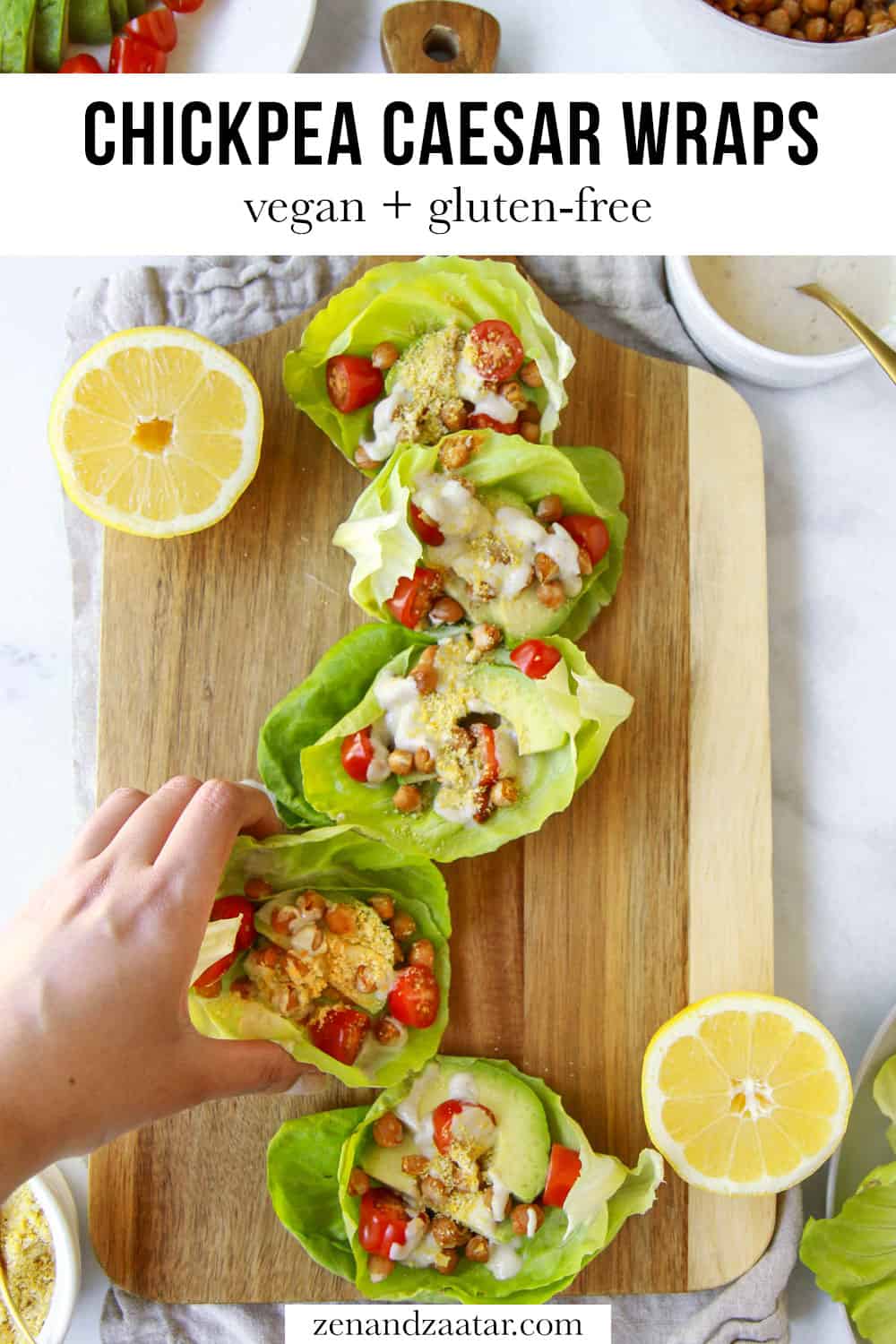 Vegan Caesar wraps with text overlay, "Chickpea Caesar Wraps: vegan + gluten-free".
