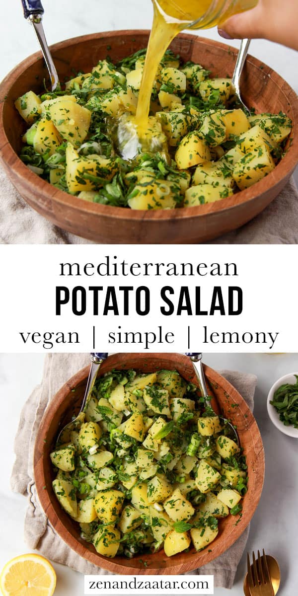 2 images of the potato salad with text overlay, "mediterranean potato salad: vegan, simple, lemony".
