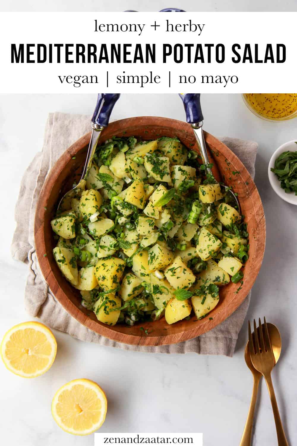 Potato salad flatlay with text overlay, "lemony + herby Mediterranean potato salad: vegan, simple, no mayo".