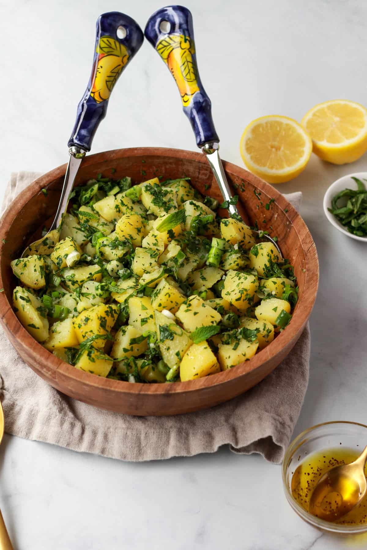 45 degree angle image of Syrian potato salad.