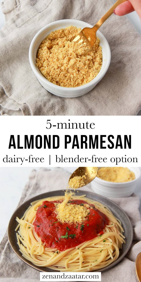 Almond parmesan used on spaghetti with tomato sauce with text overlay, "5-minute almond parmesan: dairy-free | blender-free option."