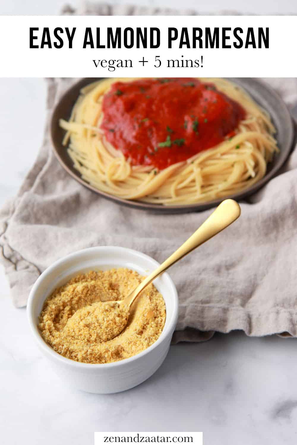 Almond parmesan with text overlay, "easy almond parmesan: vegan + 5 mins."