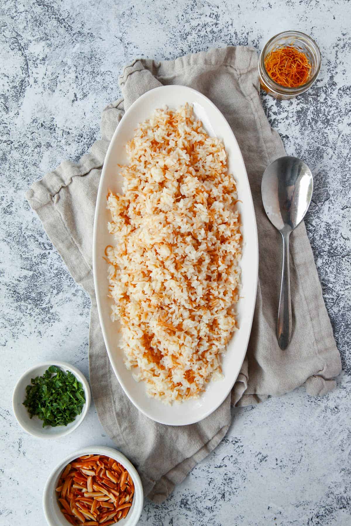 Flatlay image of finished vermicelli rice before adding toppings.