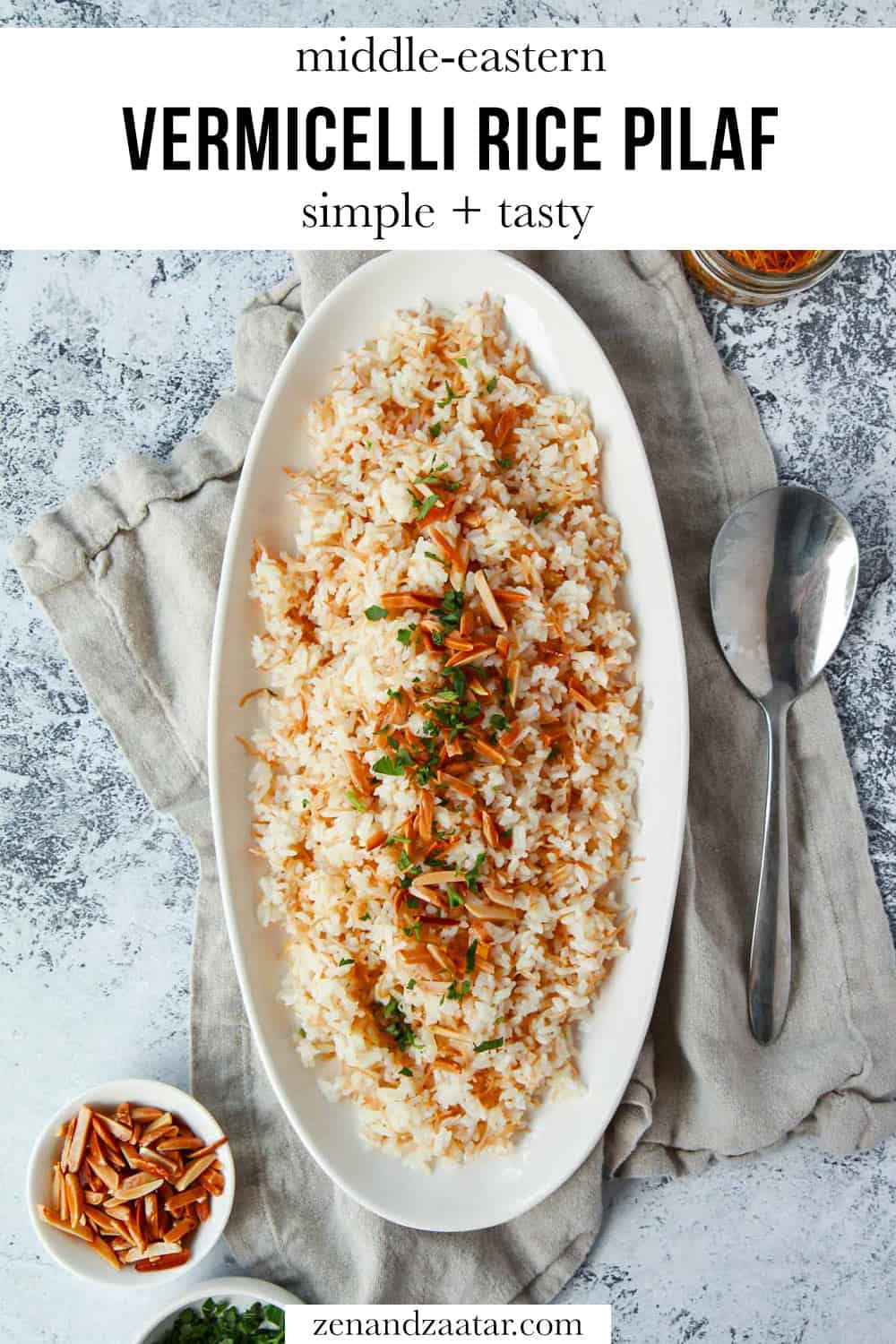Flatlay image of vermicelli rice with almonds and parsley with text overlay, "Middle-Eastern Vermicelli Rice Pilaf- simple + tasty".