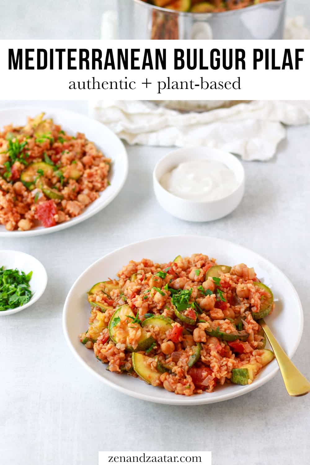 A 45 degree angle image showing 2 plates of the finished bulgur pilaf, with text overlay, "mediterranean bulgur pilaf- authentic + plant-based".