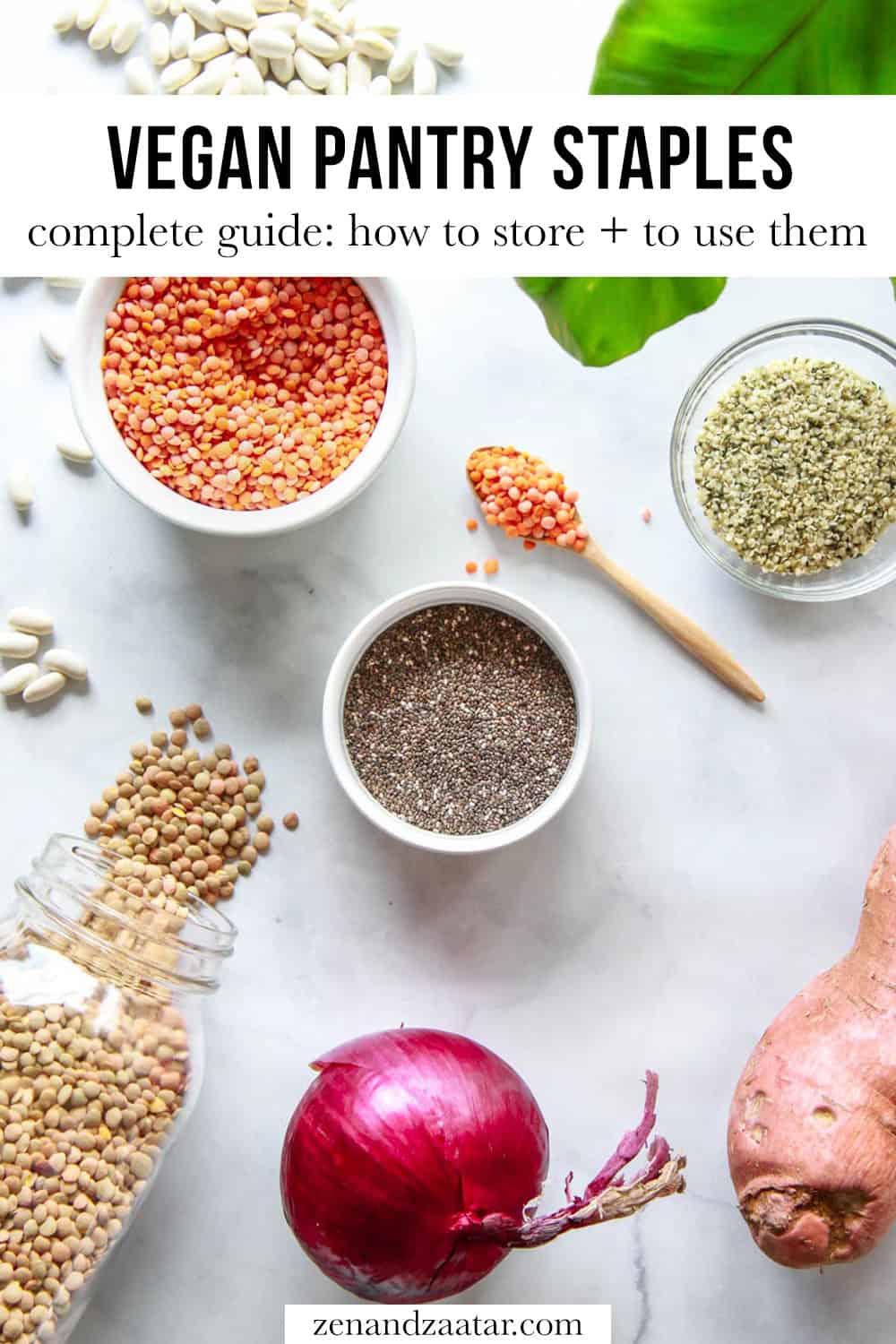 Image of vegan pantry staples, with text reading, "vegan pantry staples... how to store + use them".