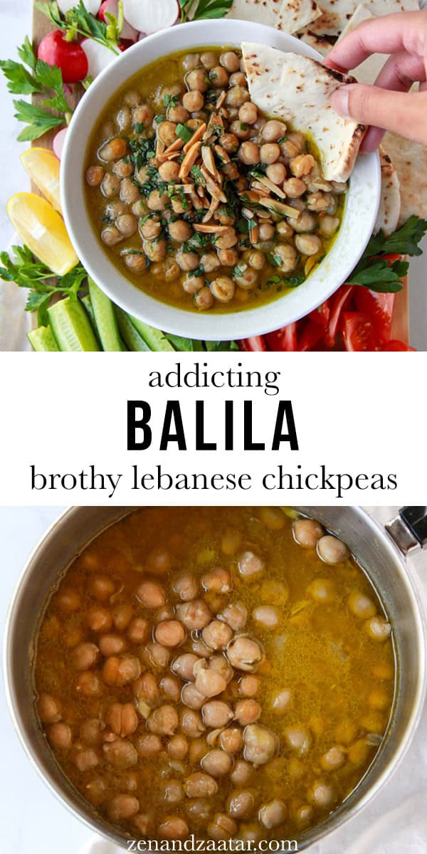 Image showing balila being scooped up with pita and balila simmering in a pot, with text overlay, "addicting balila - brothy lebanese chickpeas".